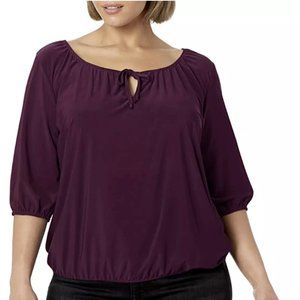 Navy & Plum Women's Plus Size 3/4 Sleeve Peasant Elastic-Hem Keyhole-tie Top
